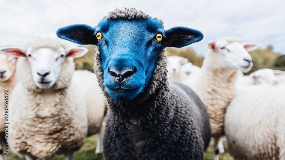 Fototapeta premium Blue Sheep Among White Flock in Pastoral Setting Captured in Vibrant Contrast and Unique Perspective