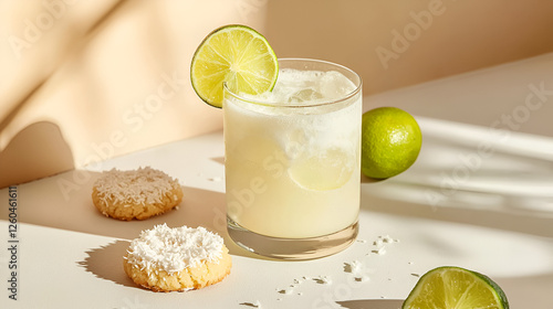Refreshing citrus drink with coconut cookies, a perfect pairing for a tropical treat.