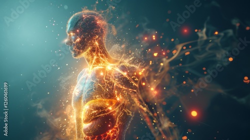 Side profile of a glowing human figure with intricate energy patterns, symbolizing vitality and technology, set against a dark background. AI generated.