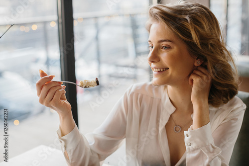 Foto Smiling Woman Enjoying Dessert in a Bright Cafe During Daytime