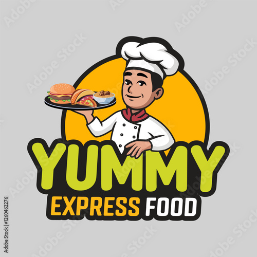 Chef mascot logo design for restaurant, cooking man Yummy express food illustration.