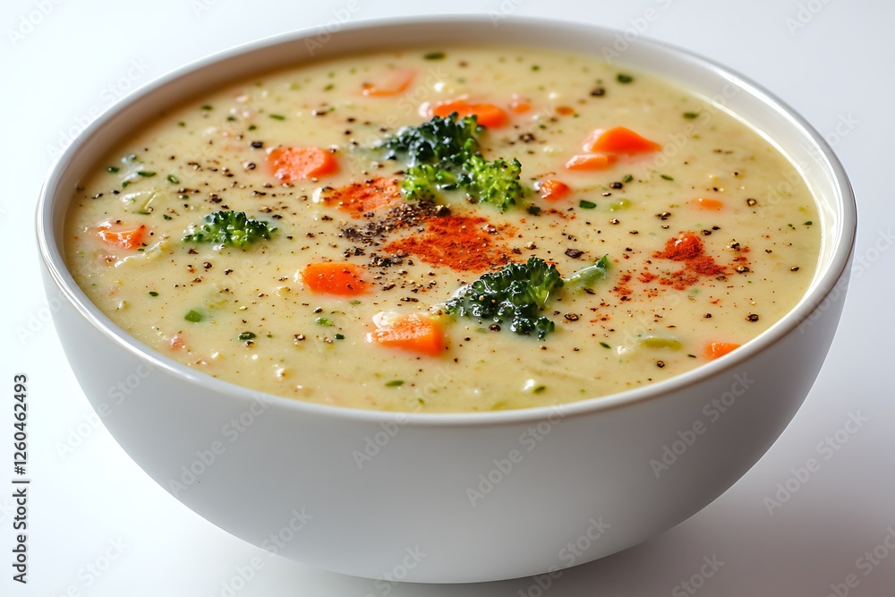 A visually stunning bowl of creamy vegetable soup, featuring finely chopped veggies and spices popping with color, set against a smooth white background. A visually stunning bowl of creamy vegetable soup, featuring finely chopped veggies and spices popping with color, set against a smooth white background.