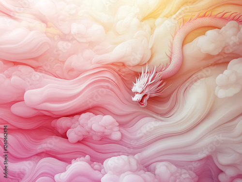 Majestic Chinese dragon soaring through soft pink clouds, embodying grace and power. vibrant colors create serene atmosphere, evoking sense of wonder and beauty