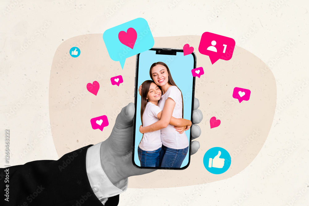 Creative sketch art collage of two happy girls mommy daughter hug together peek phone display heart reaction blogging concept Creative sketch art collage of two happy girls mommy daughter hug together peek phone display heart reaction blogging concept