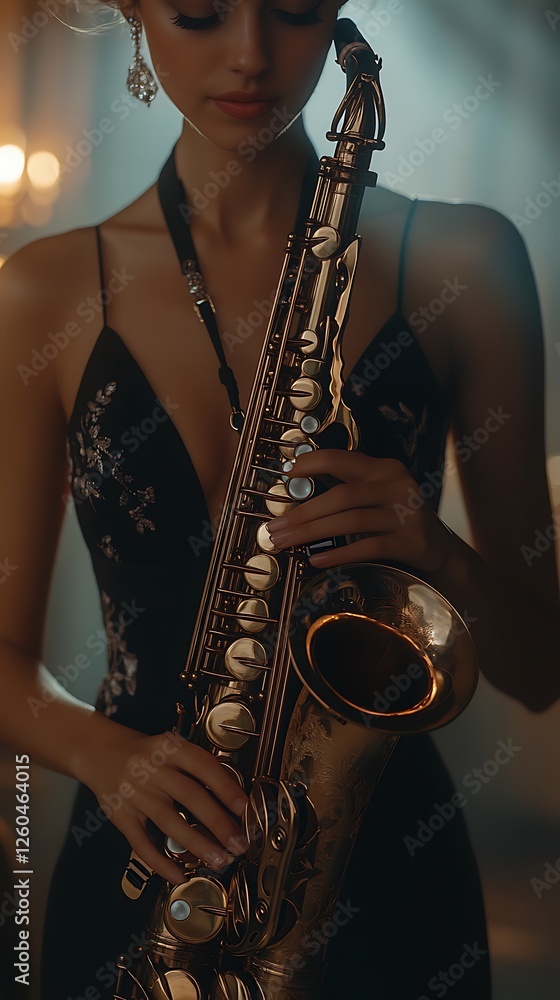 Obraz premium Elegant woman playing saxophone in dimly lit studio