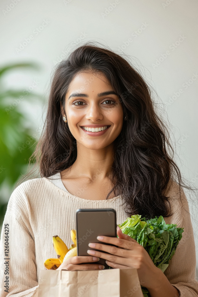 Smiling indian modern woman holding a shopping bag full of groceries Smiling indian modern woman holding a shopping bag full of groceries