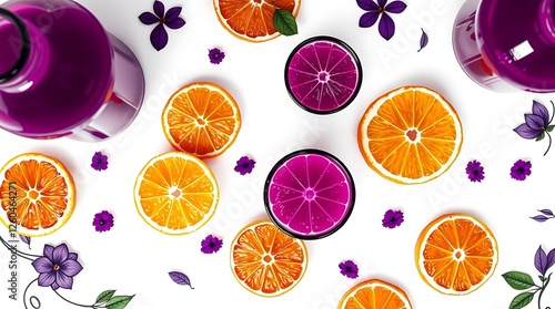 Top view of glass bottles of fresh juice with citrus fruits slices on white surface