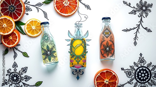 Top view of glass bottles of fresh juice with citrus fruits slices on white surface