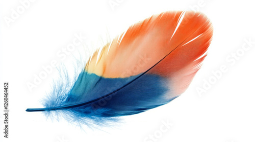 Vibrant blue and orange feathers against a clean white background create a striking and colorful pattern. AI generative
