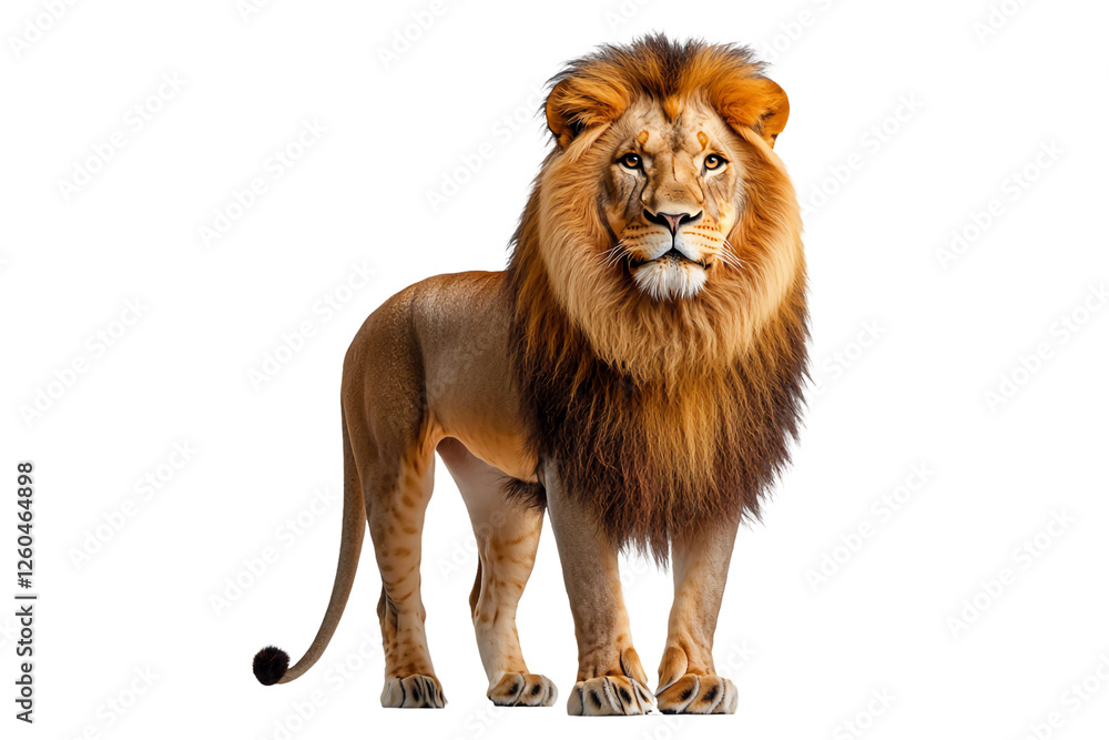 Obraz premium A male lion, full-length front view, kingly demeanor, the Lion King