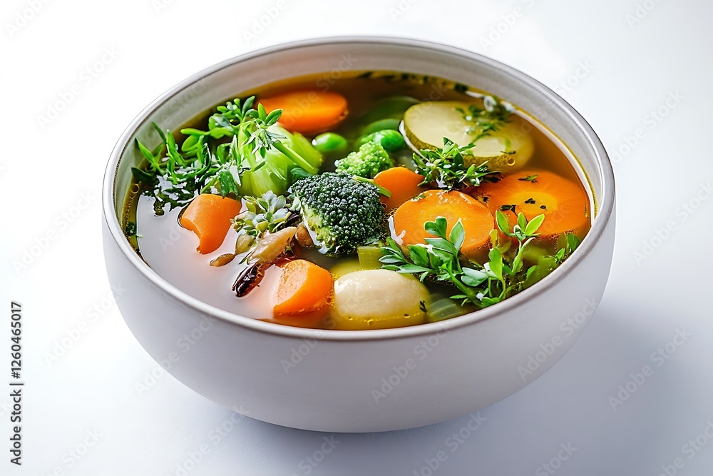A warm, inviting bowl of vegetable soup, filled with assorted vibrant vegetables and herbs, displayed against a pristine white background for a stunning visual treat. A warm, inviting bowl of vegetable soup, filled with assorted vibrant vegetables and herbs, displayed against a pristine white background for a stunning visual treat.