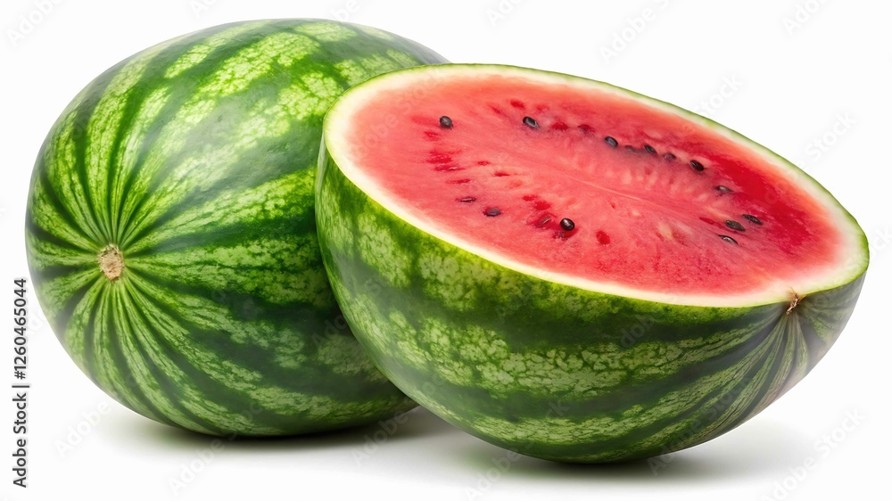Cut Watermelon with Juicy Red Interior - A whole watermelon next to a cut-open melon, showcasing its vibrant red flesh and black seeds inside.
Cut Watermelon with Juicy Red Interior - A whole watermelon next to a cut-open melon, showcasing its vibrant red flesh and black seeds inside.