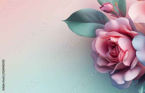  Digital illustration of pink flowers with a realistic effect on a pastel background – perfect for design and luxury decorations