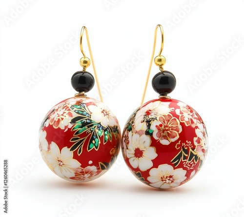 Elegant floral earrings with red background and gold hooks photo