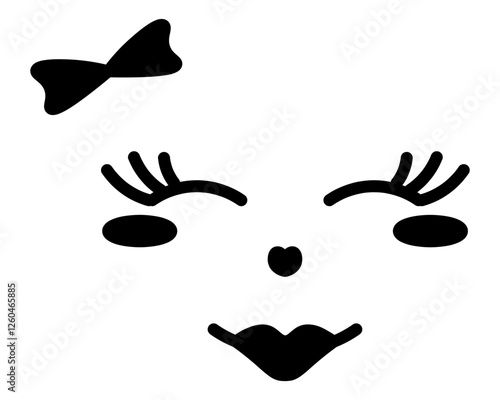 Squinting facial expression. Female face with pleased emotions. Sketch. Smile, blush, bow, eyelashes. Vector illustration. Outline on isolated white background. Doodle style. Cute grimace.