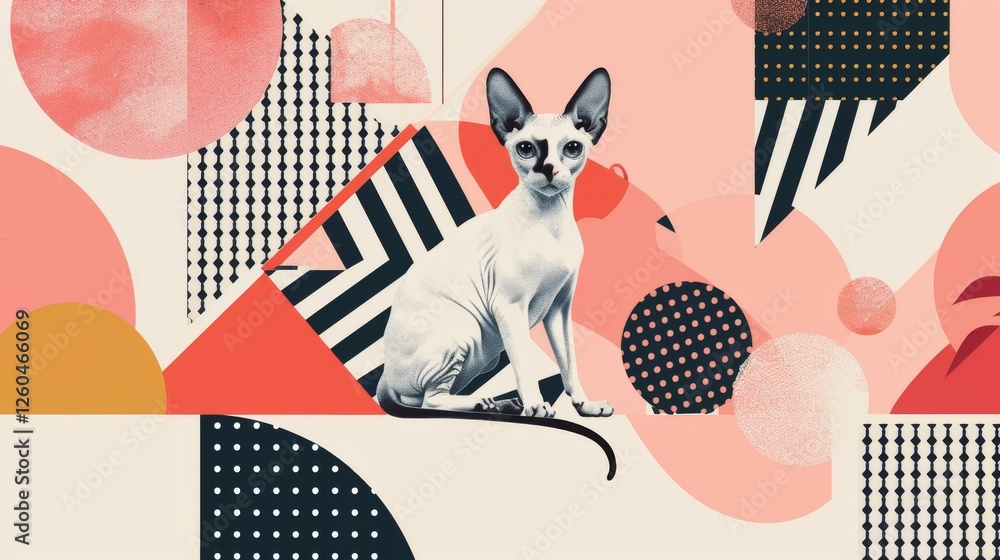 A minimalist Sphynx cat illustration set against a playful abstract pink and red geometric background with bold shapes and patterns. AI generated.