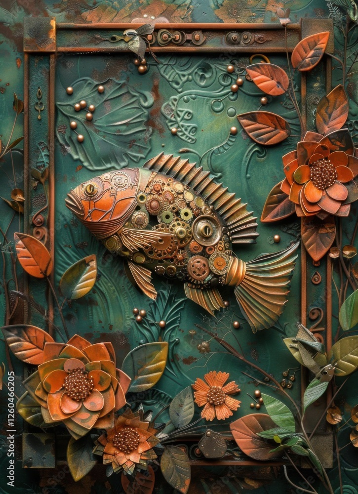 custom made wallpaper toronto digitalArtistic Metal Fish Sculpture Surrounded by Elaborate Flowers