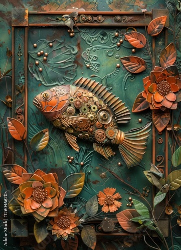 Wallpaper Mural Artistic Metal Fish Sculpture Surrounded by Elaborate Flowers Torontodigital.ca