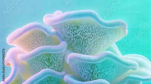 Organic mushroom-like structures with neon blue and green colors. Abstract natural form background photo