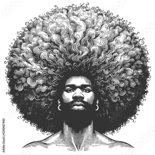 man with an exaggerated voluminous afro hairstyle, blending artistic surrealism with a bold vintage aesthetic sketch engraving generative ai vector illustration. Scratch board. Black and white image.