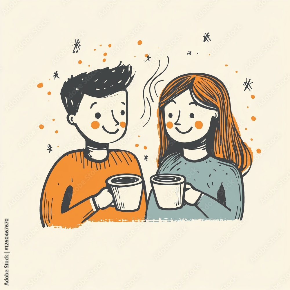 Hand-drawn vector illustration of a couple enjoying coffee together, designed with clean lines and a minimalist aesthetic, leaving ample space for text placement. Hand-drawn vector illustration of a couple enjoying coffee together, designed with clean lines and a minimalist aesthetic, leaving ample space for text placement.