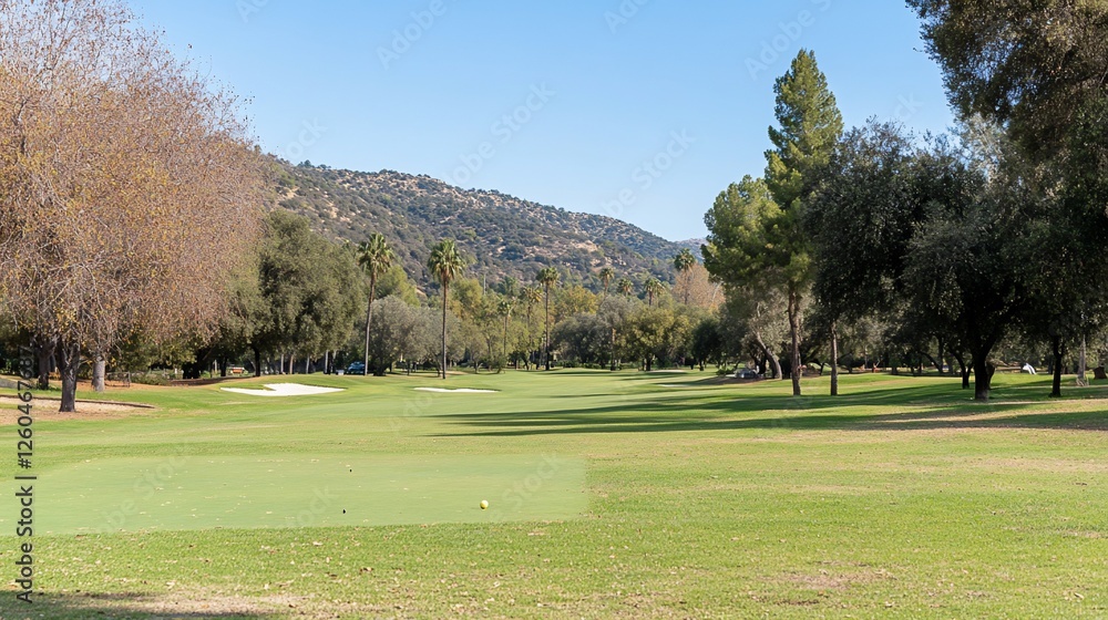 Obraz premium Golf course fairway, mountains backdrop, sunny day, leisure