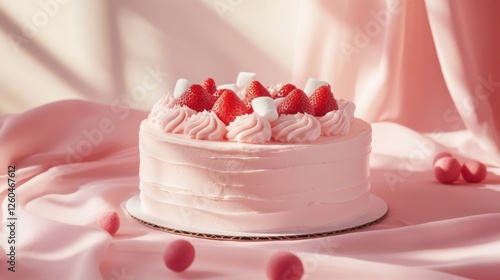 pink strawberry cake with marshmallows photo