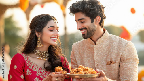 young indian couple holding sweet ladu plate on diwali festival photo