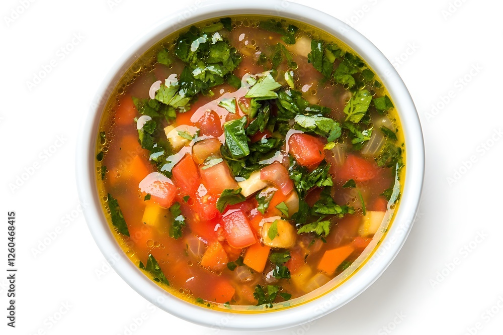An aerial view capturing a colorful medley of vegetables in a bowl of soup, showing textures from diced tomatoes, spinach, and herbs, all highlighted against white. An aerial view capturing a colorful medley of vegetables in a bowl of soup, showing textures from diced tomatoes, spinach, and herbs, all highlighted against white.