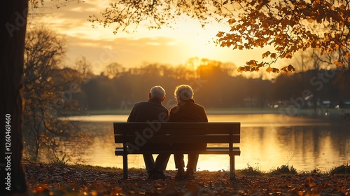 Elderly couple sitting on a wooden park bench, holding hands while watching the sunset over a peaceful landscape, celebrating lifelong love.