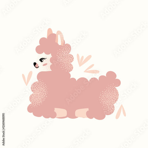 Cute fluffy llamas and alpacas with flowers isolated on a white background. Mother lama and her baby. Animal and nature-themed concept design. Vector illustration