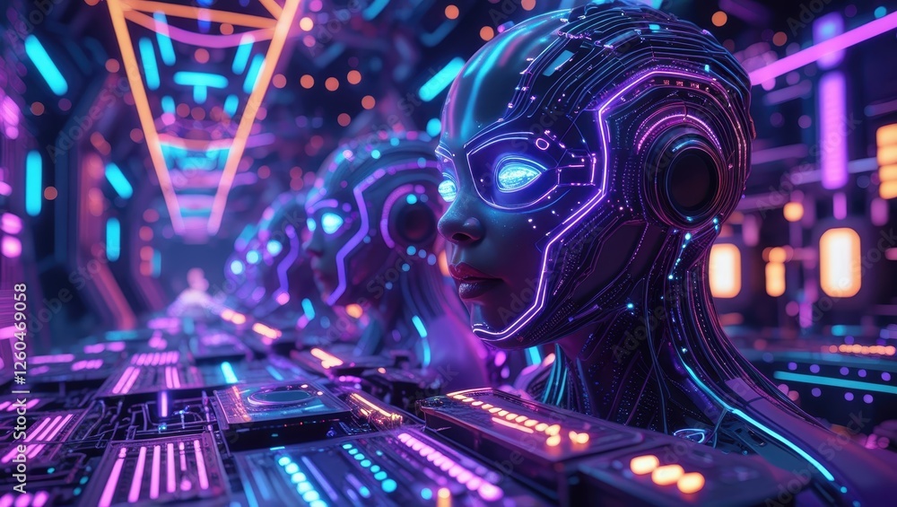 Futuristic Cyberpunk Female Robot in Neon Lit Digital Corridor Futuristic Cyberpunk Female Robot in Neon Lit Digital Corridor