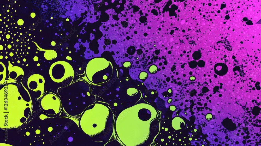 Bubbly comic shapes outlined in black over a vibrant green-to-purple gradient Bubbly comic shapes outlined in black over a vibrant green-to-purple gradient