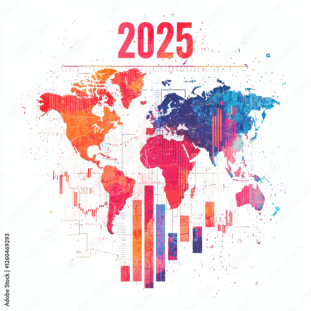 Fototapeta premium Vibrant world map with bar charts and data visualization for 2025