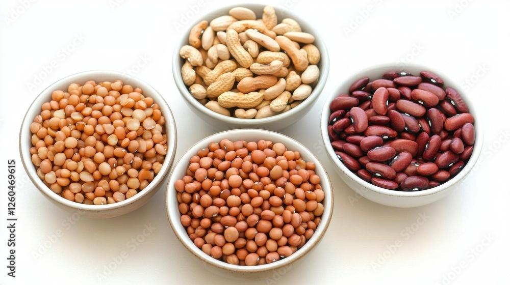 Assorted Dried Legumes and Nuts in Small Bowls Displaying Varied Shapes and Colors for Healthy Eating Concepts Assorted Dried Legumes and Nuts in Small Bowls Displaying Varied Shapes and Colors for Healthy Eating Concepts