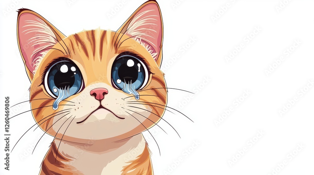 Emotional Cartoon Cat with Big Eyes and Tears Emotional Cartoon Cat with Big Eyes and Tears