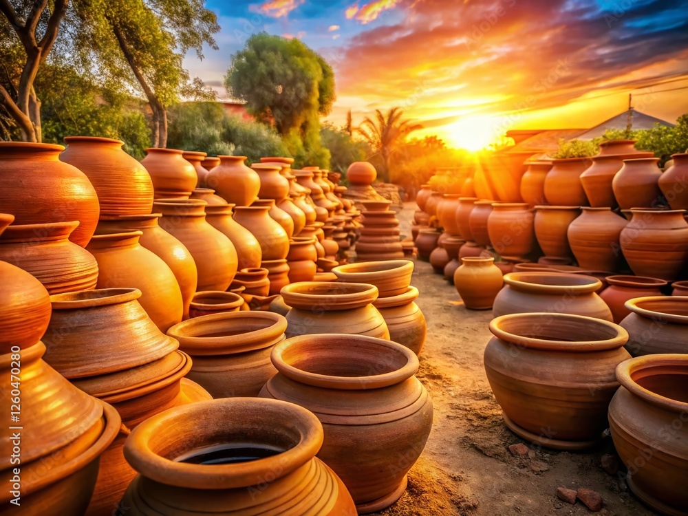 Long Exposure Photography of Stacked Clay Pots at Sunset Long Exposure Photography of Stacked Clay Pots at Sunset