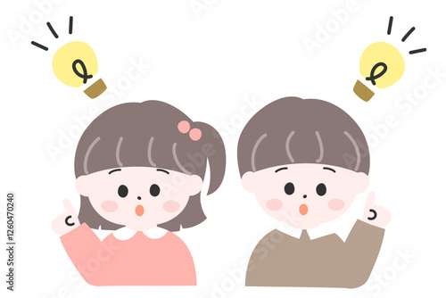 閃いている小さな男の子と女の子　日本人の子供　イラスト