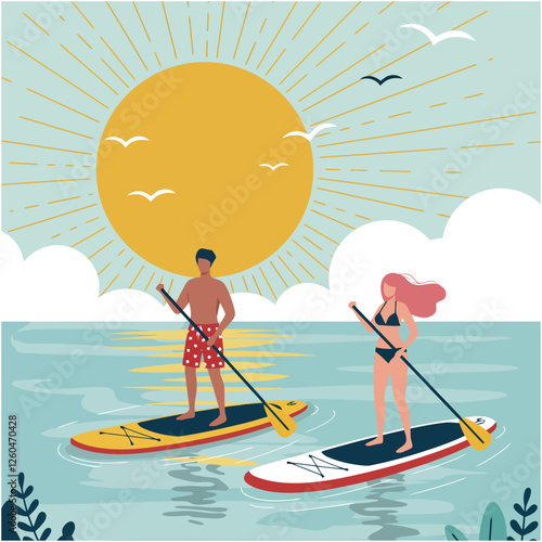 People Paddleboarding on Water with Sun Illustration for Summer Fun