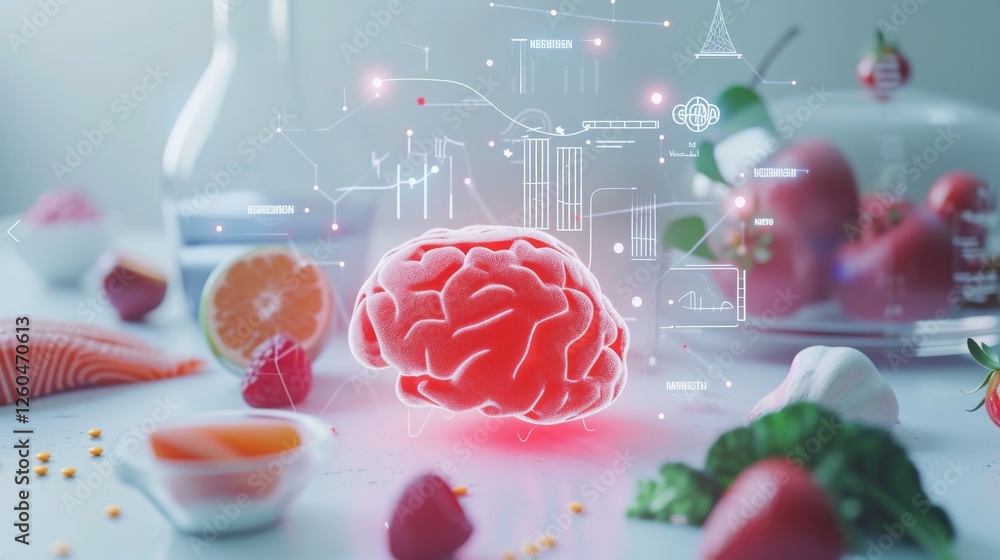 Vibrant image of a red brain model surrounded by fresh fruits and scientific holograms, blending nutrition and technology. Perfect for health or innovation concepts. AI generated.