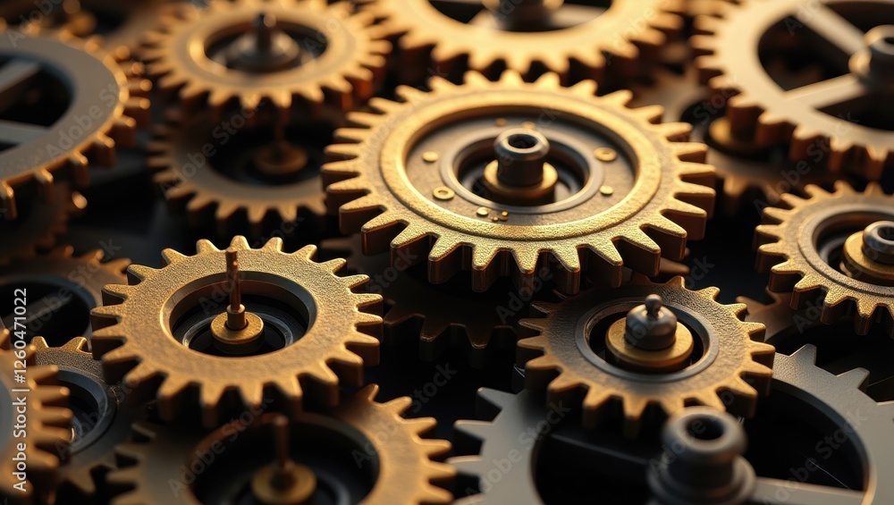 Intricate Golden Gears Mechanism Close up Detailed Interlocking Cogwheels Industrial Engineering Intricate Golden Gears Mechanism Close up Detailed Interlocking Cogwheels Industrial Engineering