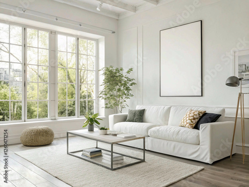 A bright and minimalist living room featuring a white sofa  large windows  and neutral decor.