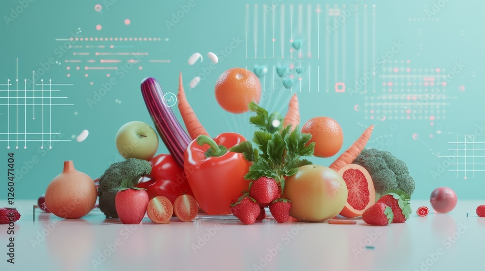A lively composition of fruits and vegetables enhanced with digital graphics, representing nutrition and technology innovation. Ideal for health or food-related themes. AI generated.