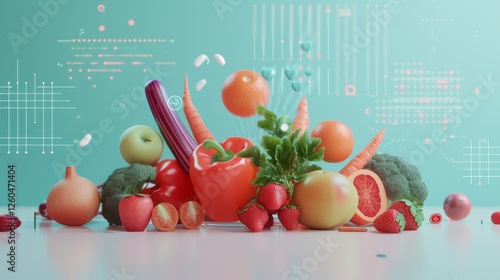 Obraz na płótnie A lively composition of fruits and vegetables enhanced with digital graphics, representing nutrition and technology innovation. Ideal for health or food-related themes. AI generated. w salonie
