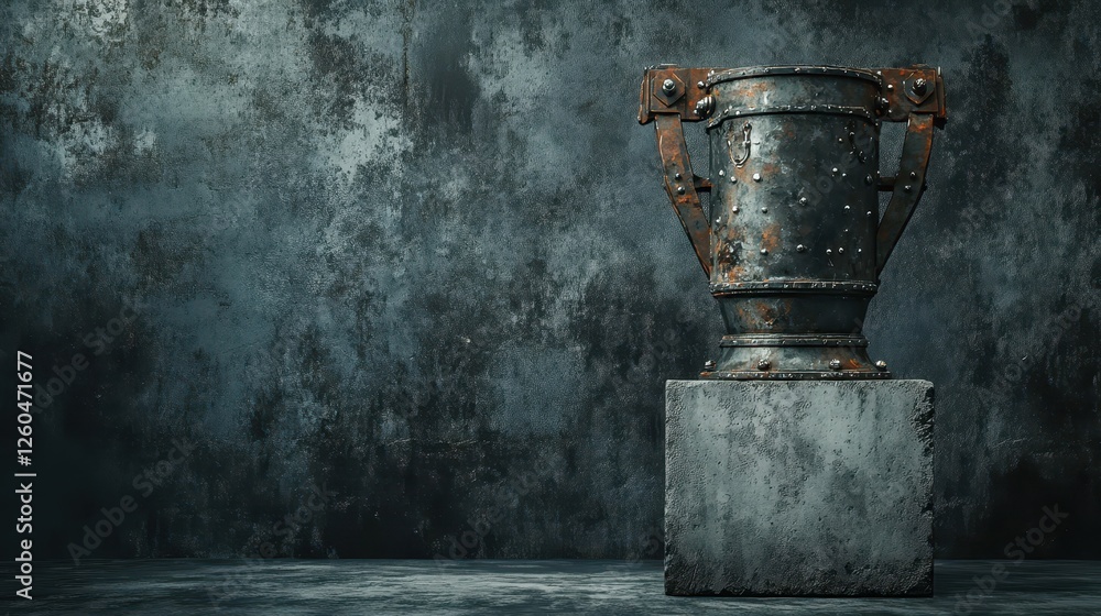 Raw metal trophy with a rugged mechanical design set against a dark grunge backdrop Raw metal trophy with a rugged mechanical design set against a dark grunge backdrop