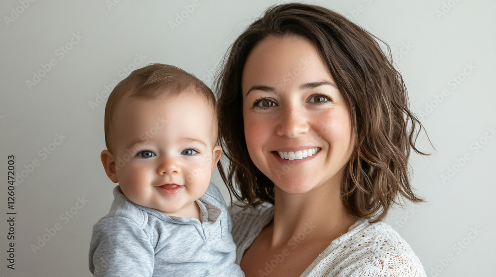 Woman holding baby with neutral background in a caring and loving pose Woman holding baby with neutral background in a caring and loving pose