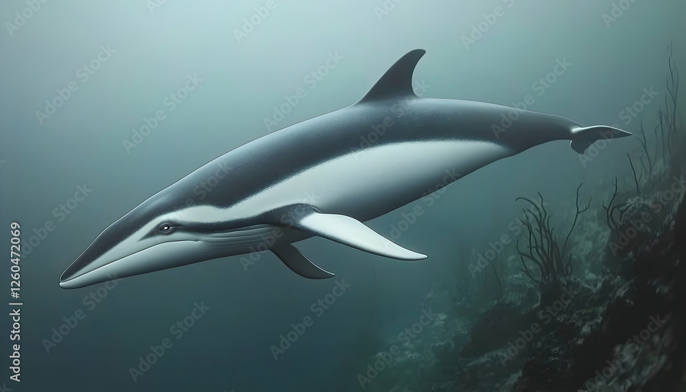 Naklejka premium Majestic pygmy right whale gracefully swimming underwater, showcasing its unique markings and streamlined body against a backdrop of serene ocean flora.