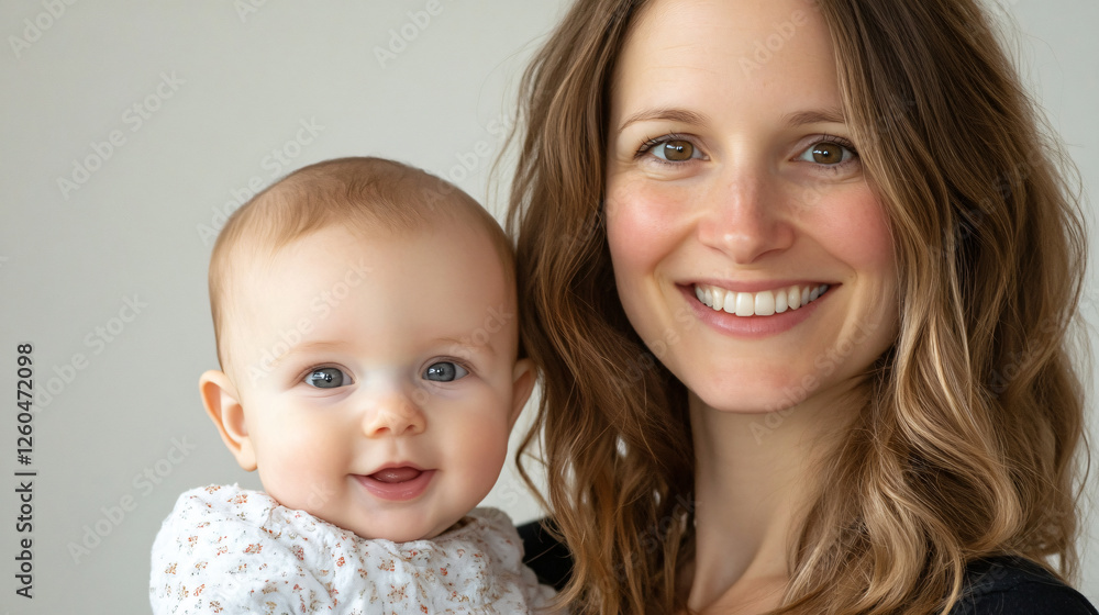 Woman holding a baby in her arms against a plain white background with a soft focus effect Woman holding a baby in her arms against a plain white background with a soft focus effect