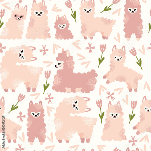 Cute fluffy llamas and alpacas seamless pattern with flowers isolated on a white background. Mother lama and her baby. Animal and nature-themed concept design. Vector illustration