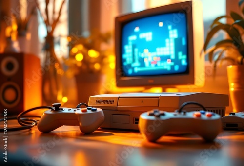 A nostalgic gaming setup showcasing a classic console from the 2000s, with a single wired controller in red, a pixelated video game screen